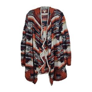Lucky Brand Drape Cardigan Sweater Women's L Orange/Blue Aztec Pattern Long Slvs
